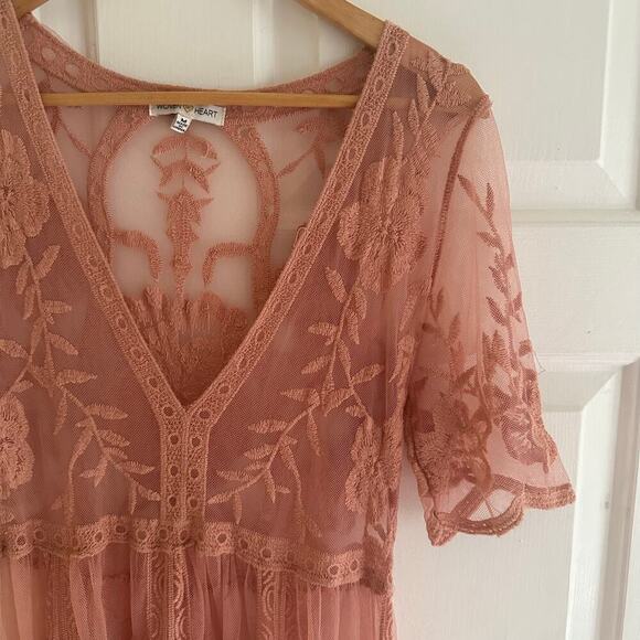 Vintage Woven Heart Lace Sheer Embroidered Boho Dress Pink Midi Sz Medium Floral - Picture 5 of 5